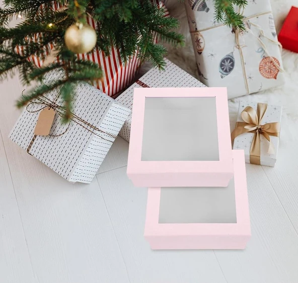 2 ADET PENCERELİ HEDİYE KUTUSU,ŞEFFAF PVC PENCERELİ PEMBE RENKLİ 22x22x7,5 ürün görseli 1