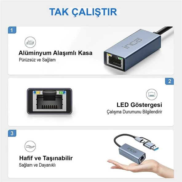 Inca IUTP-01TX Ethernet Adaptörü USB ve TYPE-Cye Bağlantı USB 3.0 ve TYPE-C 3.1 Alüminyum 1000Mbps ürün görseli 1