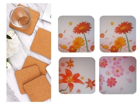 AHŞAP BARDAK ALTLIĞI 4 ADET ÇİÇEK DESEN 9x9cm ürün görseli 1