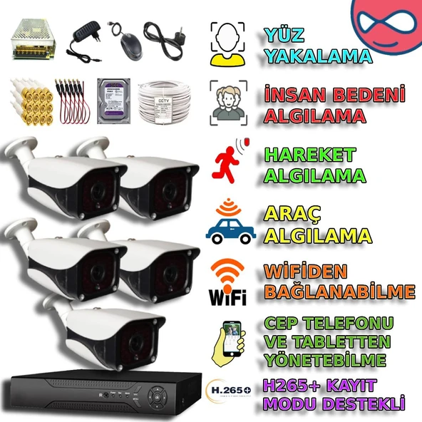 5 KAMERALI 36 IR LEDLİ METAL 5MP SONY LENS  KASA GÜVENLİK KAMERA SETİ ürün görseli 1