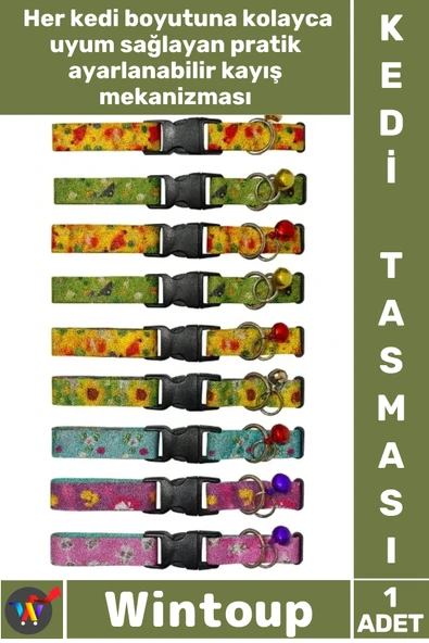 #Tasma Ayarlanabilir Dayanıklı Renkli Şık Güvenli Kaliteli Konforlu Desenli Zilli Pet Kedi Tasması ürün görseli 1