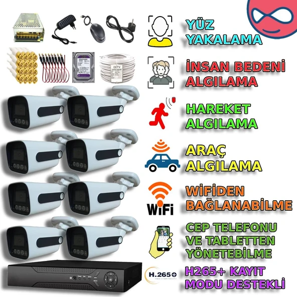 8 KAMERALI 4 WARM LEDLİ GECE RENKLİ GÖSTEREN 1080P PVC KASA GÜVENLİK KAMERA SETİ ürün görseli 1