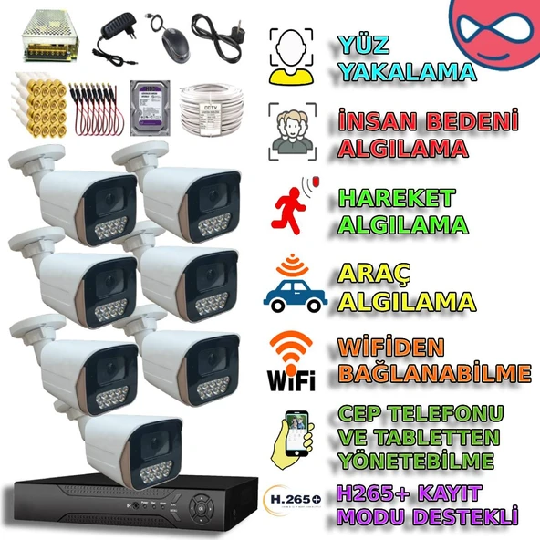 7 KAMERALI 6 WARM LEDLİ 5MP 3.6 SONY LENS GECE RENKLİ GÖSTEREN METAL KASA GÜVENLİK KAMERA SETİ ürün görseli 1