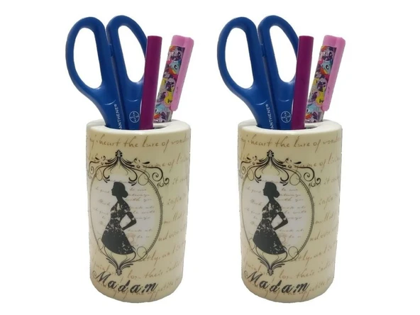 2 ADET KALEMLİK MADAM DESENLİ SERAMİK OFİS GERECİ  7X7X11CM ürün görseli 1
