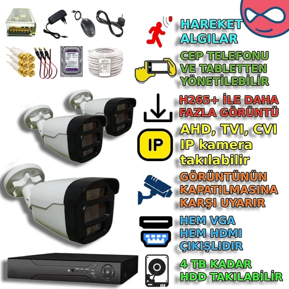 3 KAMERALI 4 WARM LEDLİ GECE RENKLİ GÖSTEREN 1080P PLASTİK KASA GÜVENLİK KAMERA SETİ ürün görseli 1