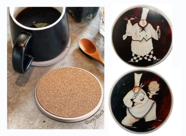 SERAMİK BARDAK ALTLIĞI 2 Lİ SET AŞÇI DESENLİ 10x10cm ürün görseli 1