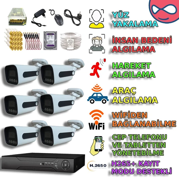 6 KAMERALI 4 WARM LEDLİ GECE RENKLİ GÖSTEREN 1080P PVC KASA GÜVENLİK KAMERA SETİ ürün görseli 1