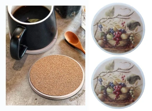 SERAMİK BARDAK ALTLIĞI 2 Lİ SET ÜZÜM DESENLİ 10x10cm ürün görseli 1