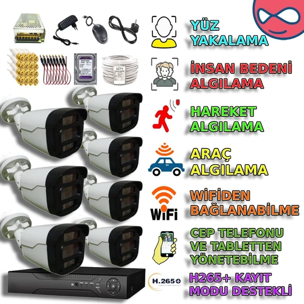 7 KAMERALI 4 WARM LEDLİ GECE RENKLİ GÖSTEREN 1080P PLASTİK KASA GÜVENLİK KAMERA SETİ ürün görseli 1