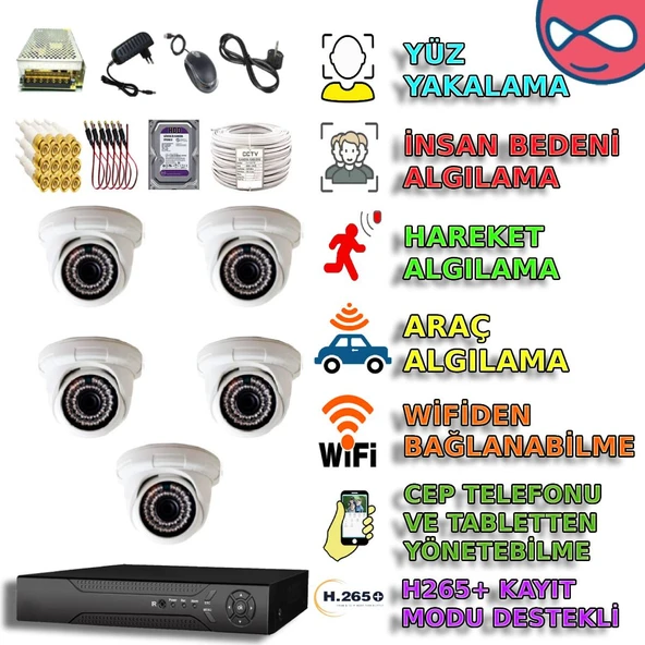 5 DOME KAMERALI 1080P 36 IRLED GÜVENLİK KAMERA SETİ ürün görseli 1