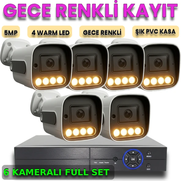 6 Kameralı İnsan Araç Yüz Algılayan Gece Renkli Gösteren Pvc Kasa Güvenlik Kamera Seti ürün görseli 1
