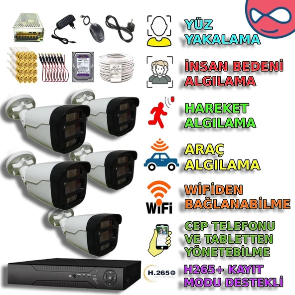 5 KAMERALI 4 WARM LEDLİ GECE RENKLİ GÖSTEREN 1080P PLASTİK KASA GÜVENLİK KAMERA SETİ ürün görseli 1