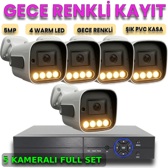 5 Kameralı İnsan Araç Yüz Algılayan Gece Renkli Gösteren Pvc Kasa Güvenlik Kamera Seti ürün görseli 1