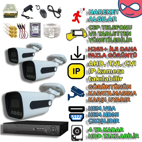 3 KAMERALI 4 WARM LEDLİ GECE RENKLİ GÖSTEREN 1080P PVC KASA GÜVENLİK KAMERA SETİ ürün görseli 1