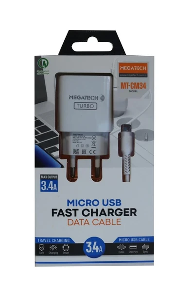 Megatech MT-CM34  3.4A Micro Usb Kablo+ Ev Şarj Adaptörü Hızlı Şarj ürün görseli 1