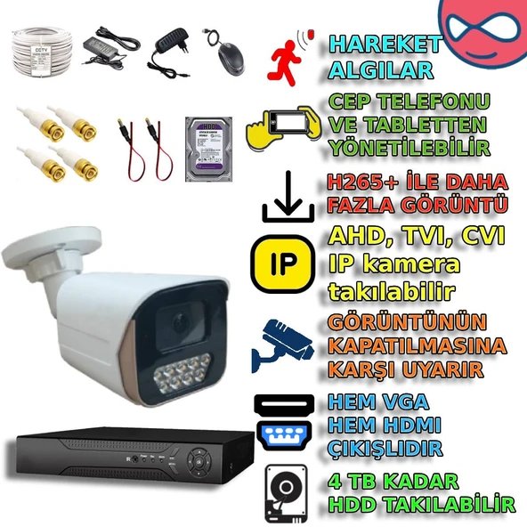1 KAMERALI 6 WARM LEDLİ 5MP 3.6 SONY LENS GECE RENKLİ GÖSTEREN METAL KASA GÜVENLİK KAMERA SETİ ürün görseli 1