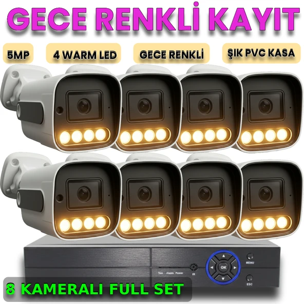 8 Kameralı İnsan Araç Yüz Algılayan Gece Renkli Gösteren Pvc Kasa Güvenlik Kamera Seti ürün görseli 1