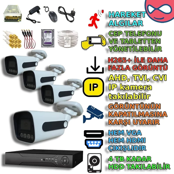 4 KAMERALI 4 WARM LEDLİ GECE RENKLİ GÖSTEREN 1080P PVC KASA GÜVENLİK KAMERA SETİ ürün görseli 1