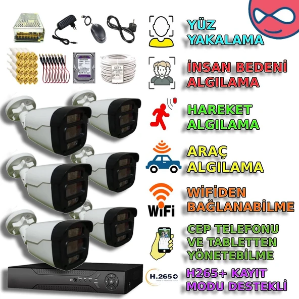 6 KAMERALI 4 WARM LEDLİ GECE RENKLİ GÖSTEREN 1080P PLASTİK KASA GÜVENLİK KAMERA SETİ ürün görseli 1