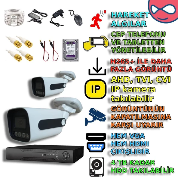 2 KAMERALI 4 WARM LEDLİ GECE RENKLİ GÖSTEREN 1080P PVC KASA GÜVENLİK KAMERA SETİ ürün görseli 1