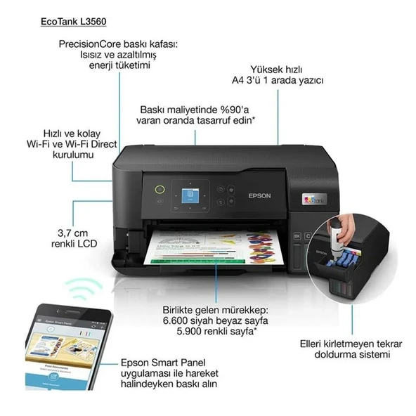 Epson L3560 MEAF Yazıcı-Tarayıcı-Fotokopi Renkli Mürekkep Tanklı Yazıcı WI-FI Ekranlı ürün görseli 1