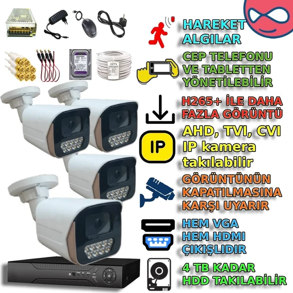 4 KAMERALI 6 WARM LEDLİ 5MP 3.6 SONY LENS GECE RENKLİ GÖSTEREN METAL KASA GÜVENLİK KAMERA SETİ ürün görseli 1
