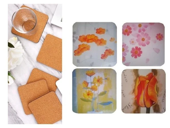 AHŞAP BARDAK ALTLIĞI 4 ADET ÇİÇEK DESEN 9x9cm ürün görseli 1