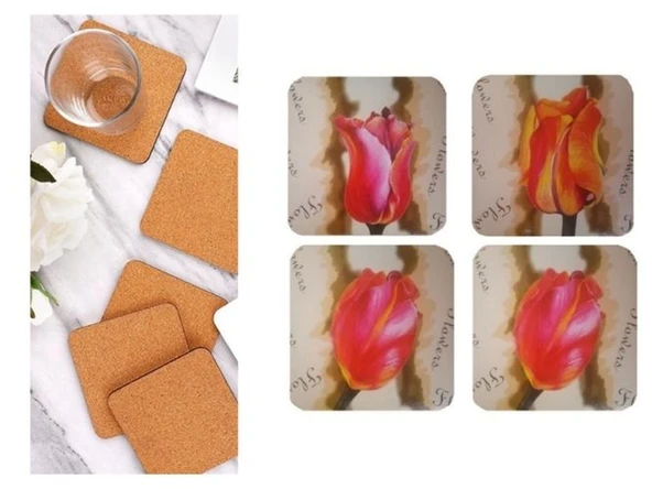 AHŞAP BARDAK ALTLIĞI 4 ADET ÇİÇEK DESEN 9x9cm ürün görseli 1