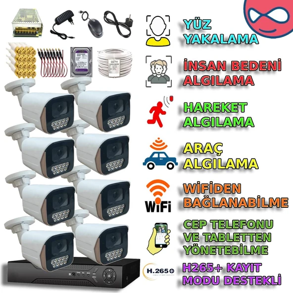 8 KAMERALI 6 WARM LEDLİ 5MP 3.6 SONY LENS GECE RENKLİ GÖSTEREN METAL KASA GÜVENLİK KAMERA SETİ ürün görseli 1