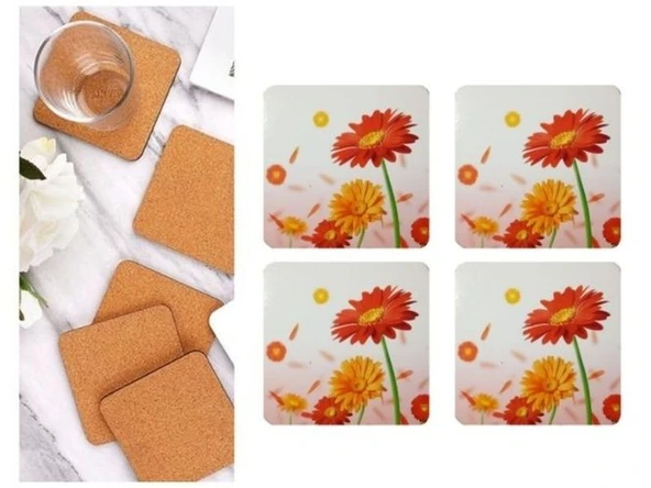 AHŞAP BARDAK ALTLIĞI 4 ADET ÇİÇEK DESEN 9x9cm ürün görseli 1