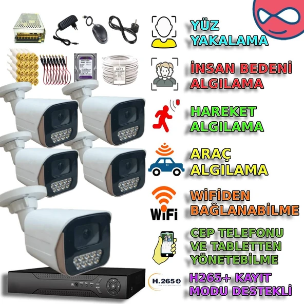 5 KAMERALI 6 WARM LEDLİ 5MP 3.6 SONY LENS GECE RENKLİ GÖSTEREN METAL KASA GÜVENLİK KAMERA SETİ ürün görseli 1