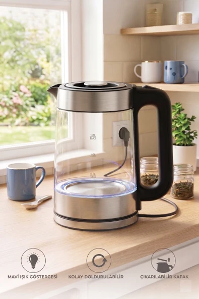 Cam Led Işıklı 1500W 1.8 L Kettle Su Isıtıcı ürün görseli 1