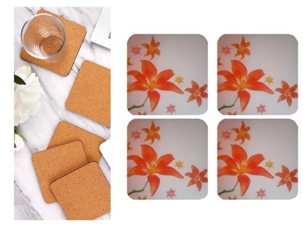 AHŞAP BARDAK ALTLIĞI 4 ADET ÇİÇEK DESEN 9x9cm ürün görseli 1
