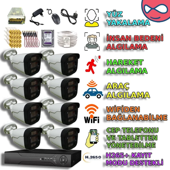 8 KAMERALI 4 WARM LEDLİ GECE RENKLİ GÖSTEREN 1080P PLASTİK KASA GÜVENLİK KAMERA SETİ ürün görseli 1