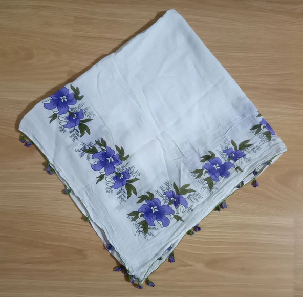 EL İŞİ  MAVİ ÇİÇEKLİ TÜLBENT,YAZMA,ÇEVRESİ OYALI TIĞ İŞİ PAMUKLU YEMENİ,FULAR 75x75cm ürün görseli 1
