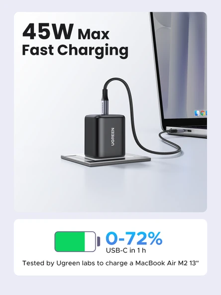 UGREEN 45W USB-C GaN Hızlı Şarj Adaptörü 1C Port Siyah ürün görseli 1