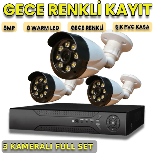 3 KAMERALI 8 WARM LEDLİ 1080P PLASTİK KASA GÜVENLİK KAMERA SETİ ürün görseli 1