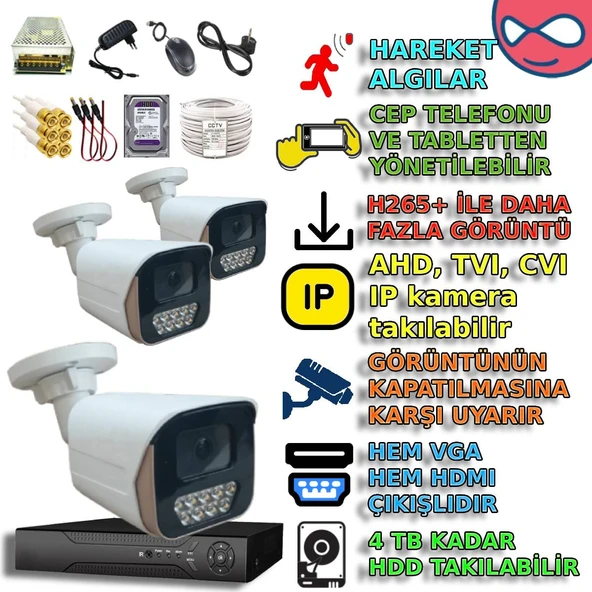 3 KAMERALI 6 WARM LEDLİ 5MP 3.6 SONY LENS GECE RENKLİ GÖSTEREN METAL KASA GÜVENLİK KAMERA SETİ ürün görseli 1