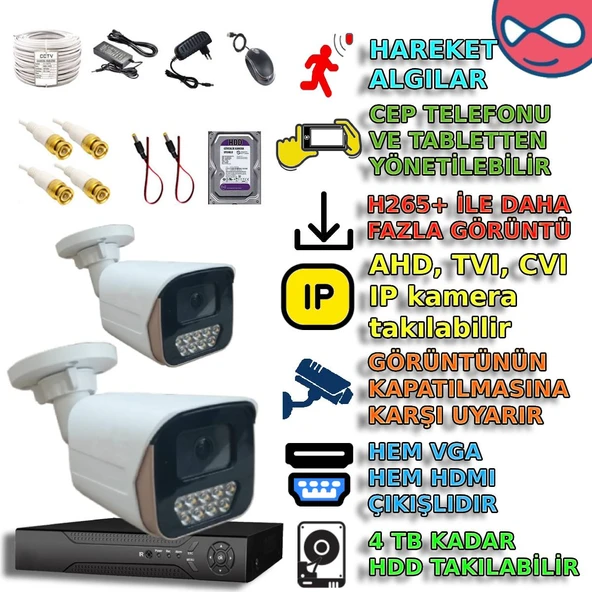 2 KAMERALI 6 WARM LEDLİ 5MP 3.6 SONY LENS GECE RENKLİ GÖSTEREN METAL KASA GÜVENLİK KAMERA SETİ ürün görseli 1
