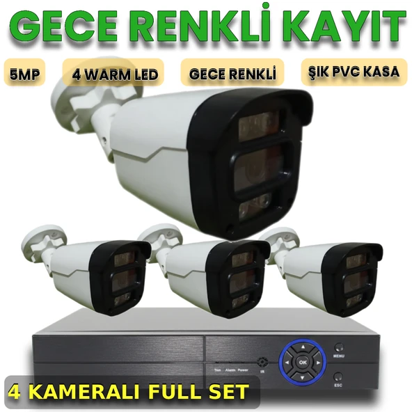 4 Kameralı İnsan Araç Yüz Algılayan Gece Renkli Gösteren Plastik Kasa Güvenlik Kamera Seti ürün görseli 1