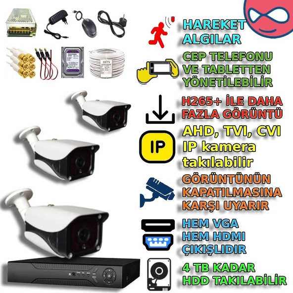 3 KAMERALI 36 IR LEDLİ METAL 5MP SONY LENS  KASA GÜVENLİK KAMERA SETİ ürün görseli 1