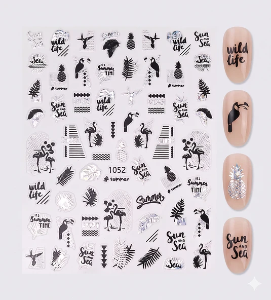 Gümüş Holografik Flamingo ve Yaprak Dizayn Tırnak Sticker Tırnak Etiketi Nail Art JO-1052S ürün görseli 1