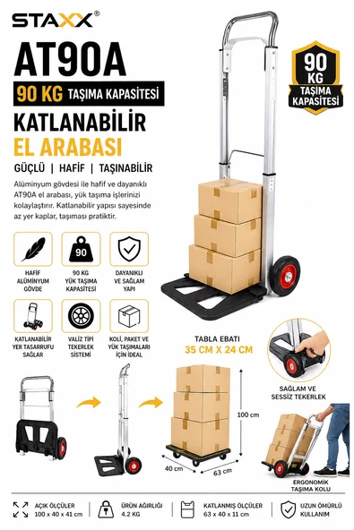 Staxx Alüminyum Katlanır El Arabası 90 Kg Sessiz Tekerlekli Koli Taşıma Arabası Koli Yük Paket ürün görseli 1