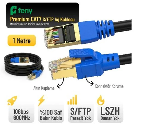 Feny FN-CAT7LS01 10GBPS İnternet 60MHZ 1 Metre CAT7 Gold Patch Kablo (Yanmaz- yüzde 100 Saf Bakır) ürün görseli 1