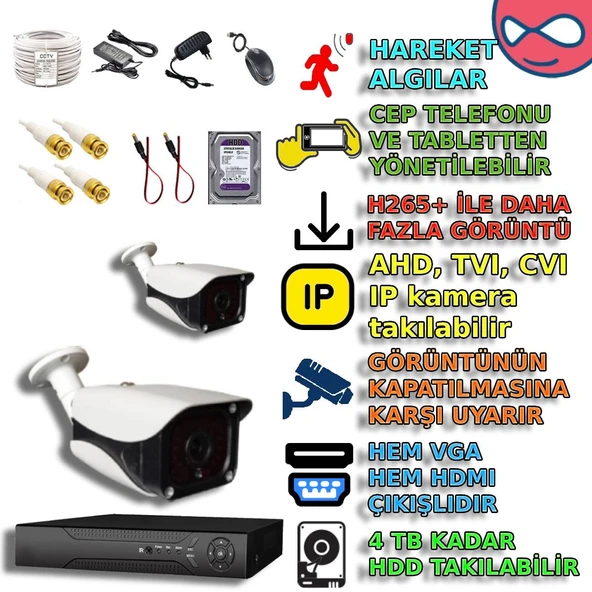 2 KAMERALI 36 IR LEDLİ METAL 5MP SONY LENS  KASA GÜVENLİK KAMERA SETİ ürün görseli 1