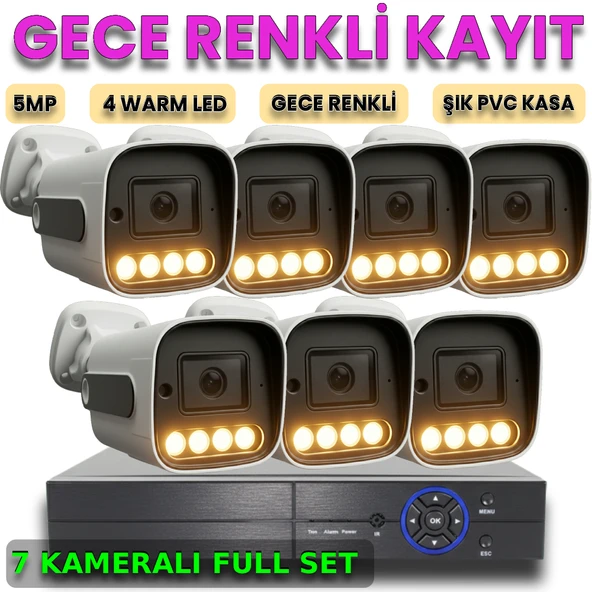 7 Kameralı İnsan Araç Yüz Algılayan Gece Renkli Gösteren Pvc Kasa Güvenlik Kamera Seti ürün görseli 1