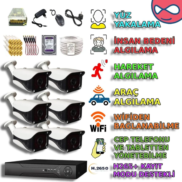 6 KAMERALI 36 IR LEDLİ METAL 5MP SONY LENS  KASA GÜVENLİK KAMERA SETİ ürün görseli 1