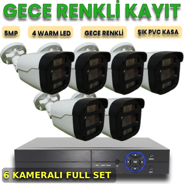 6 Kameralı İnsan Araç Yüz Algılayan Gece Renkli Gösteren Plastik Kasa Güvenlik Kamera Seti ürün görseli 1