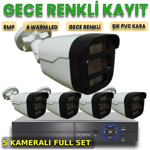 5 Kameralı İnsan Araç Yüz Algılayan Gece Renkli Gösteren Plastik Kasa Güvenlik Kamera Seti ürün görseli 1