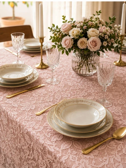 English Home Premium Seri Fisto Kenarlı Dantel Pudra Yemek Masası Örtüsü 6-8 Kişilik ürün görseli 1